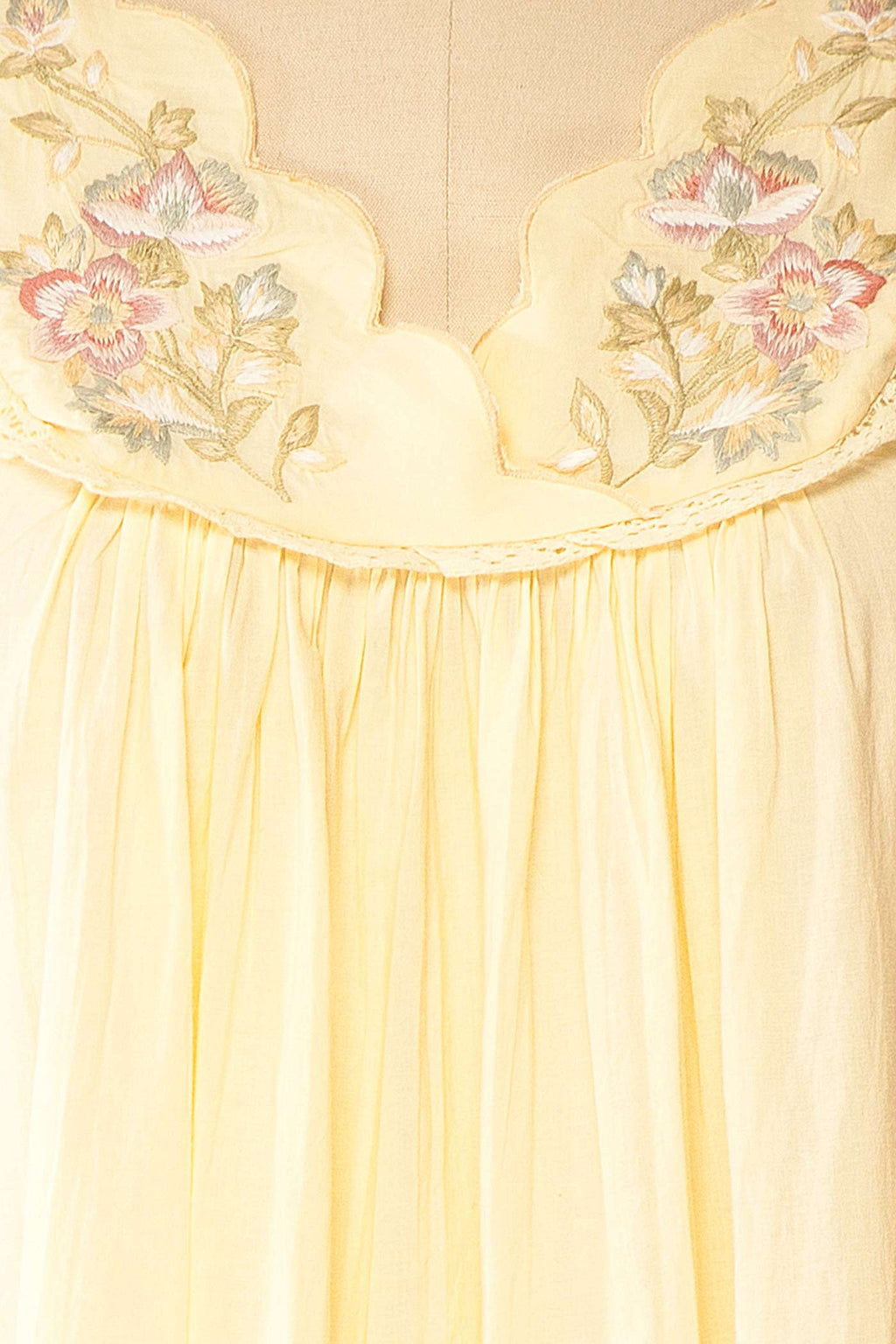 Liore | Yellow Embroidered Floral Trim Cotton Midi Nightgown