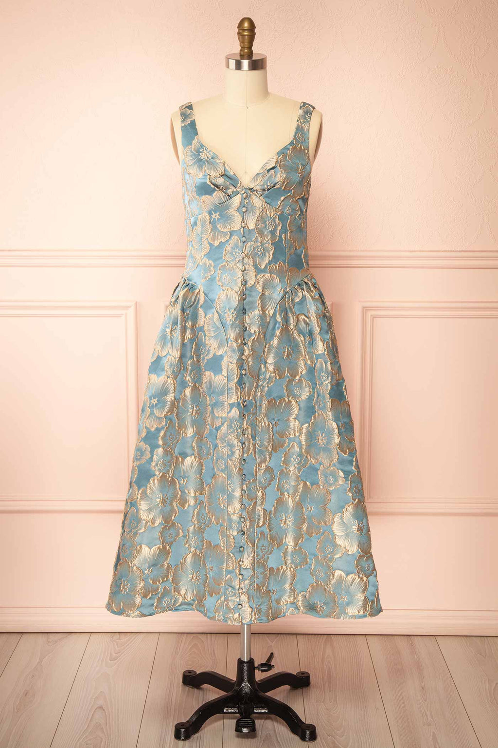Liorin | Blue Midi Floral Dress with Pockets