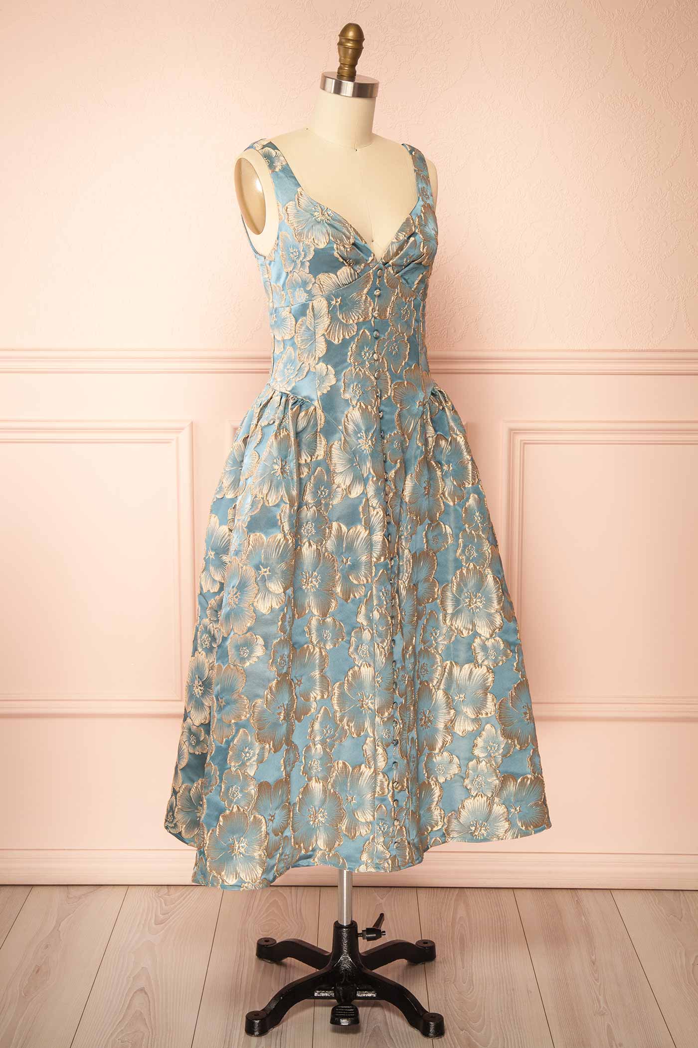 Liorin | Blue Midi Floral Dress with Pockets