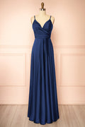 Lizza Navy | Satin Maxi Dress with Slit