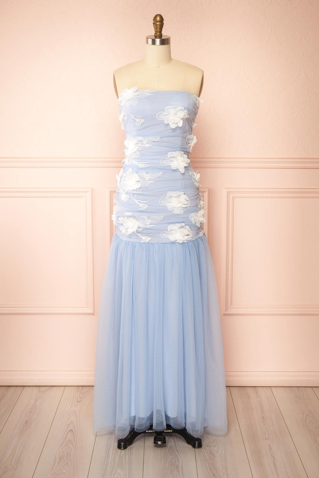 Lyrielle | Blue Strapless Maxi Dress with Floral Appliques