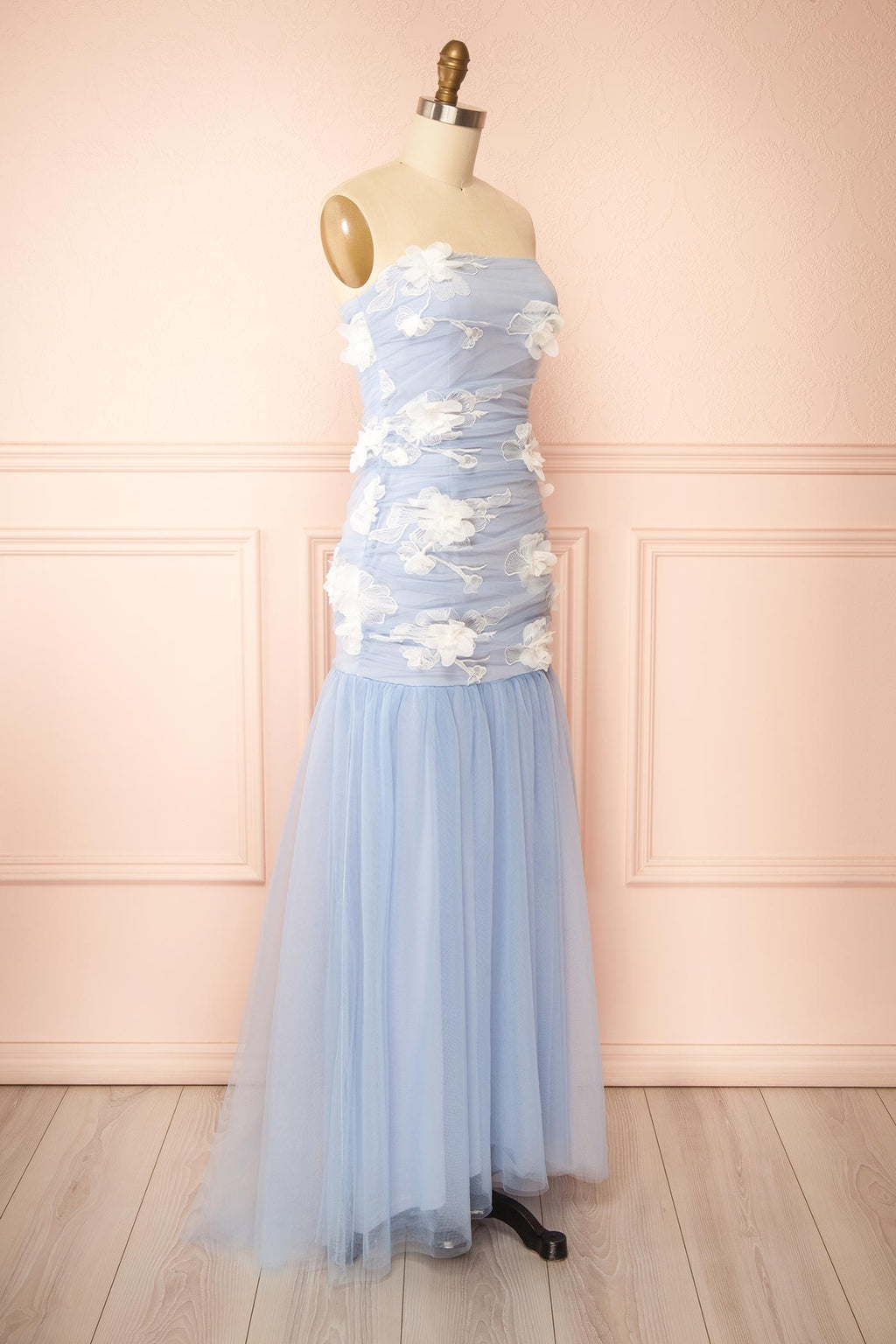 Lyrielle | Blue Strapless Maxi Dress with Floral Appliques