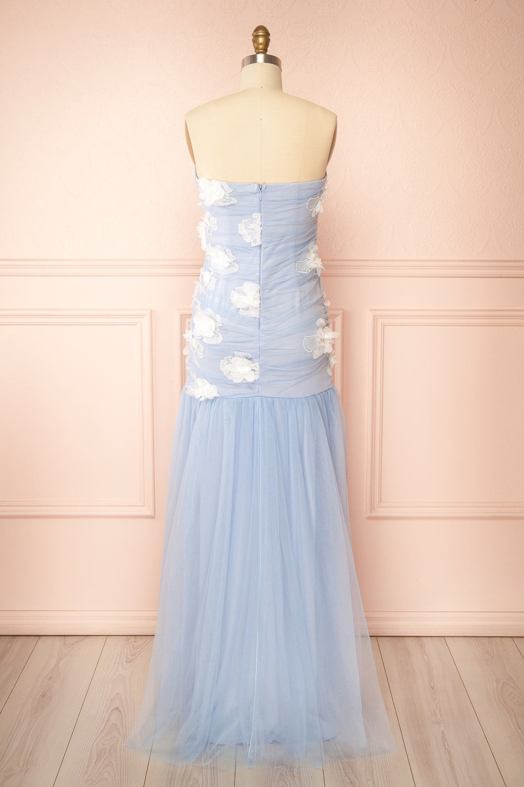 Lyrielle | Blue Strapless Maxi Dress with Floral Appliques