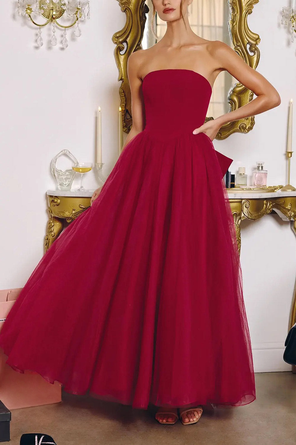 Makoto Burgundy | Maxi Strapless A-Line Dress