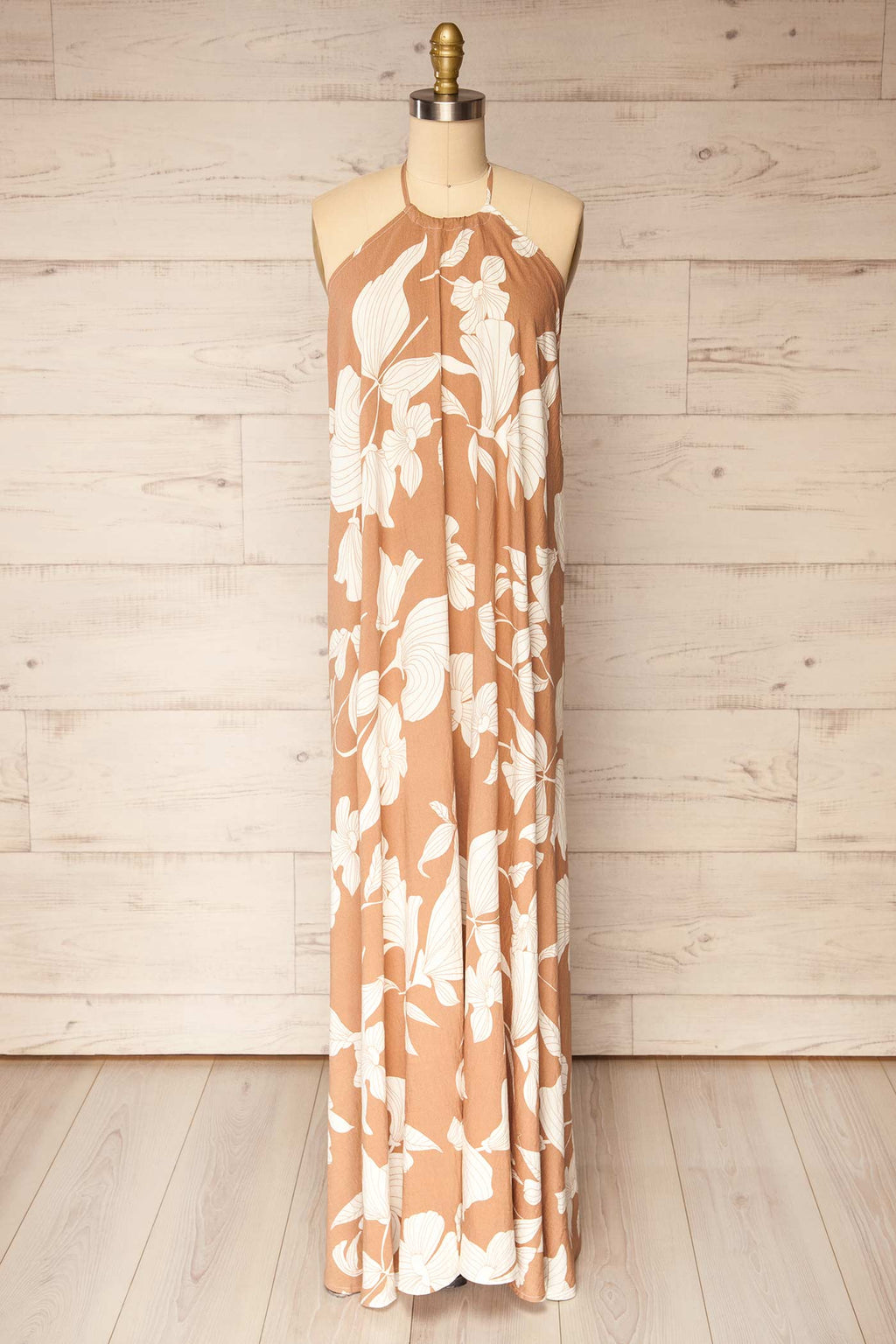 Mandla | Beige Halter Open Back Maxi Dress with White Floral Print