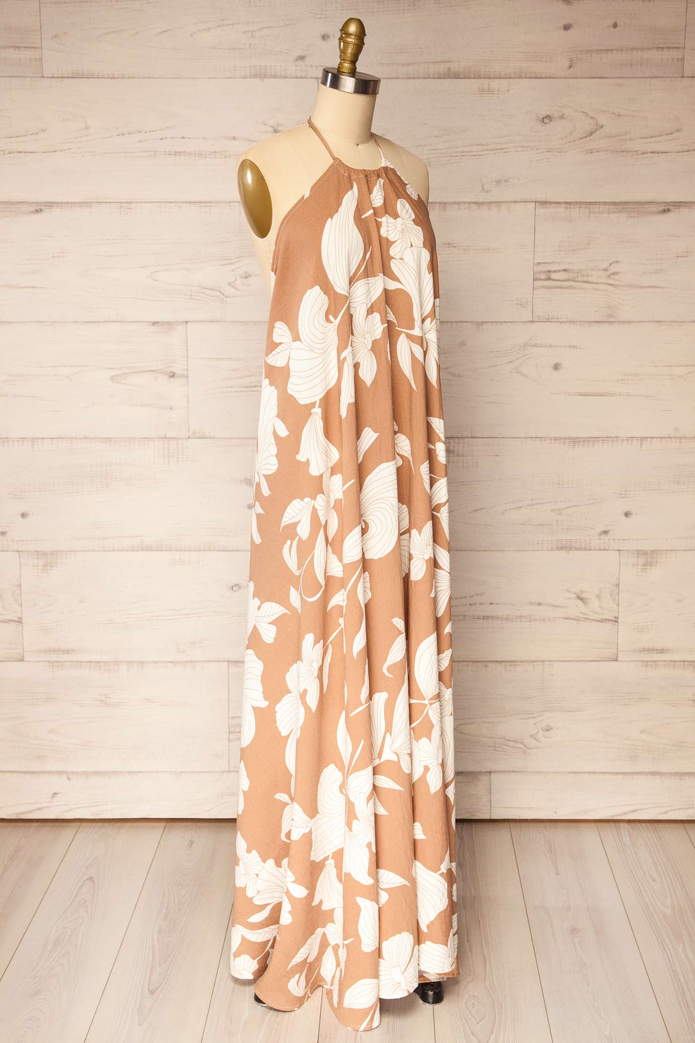 Mandla | Beige Halter Open Back Maxi Dress with White Floral Print
