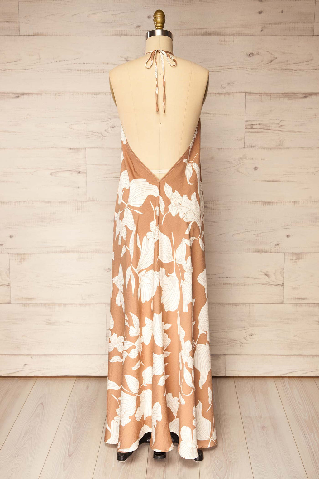 Mandla | Beige Halter Open Back Maxi Dress with White Floral Print