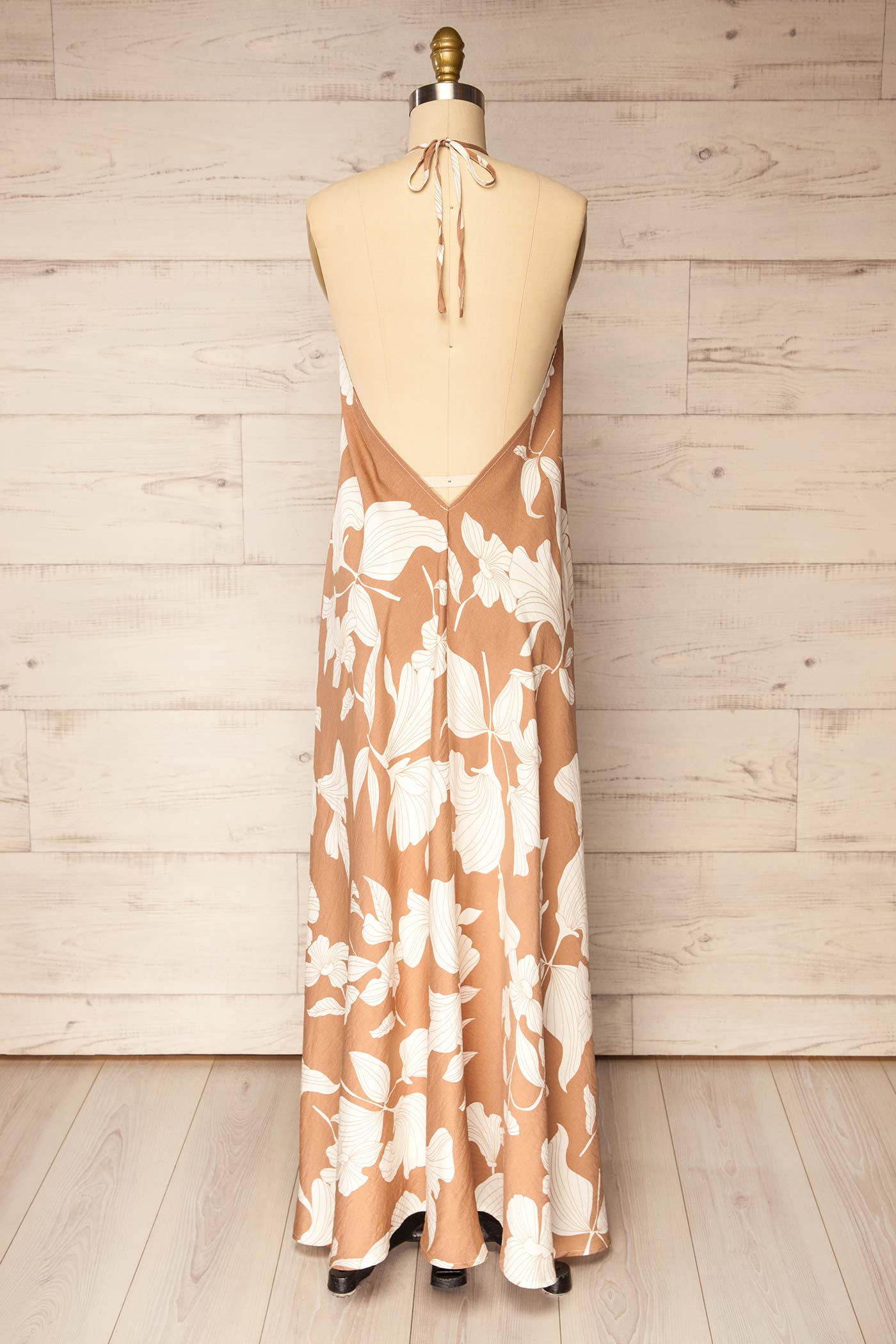 Mandla | Beige Halter Open Back Maxi Dress with White Floral Print