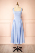 Mariah Blue | A-Line Midi Dress with Ribbons at Back