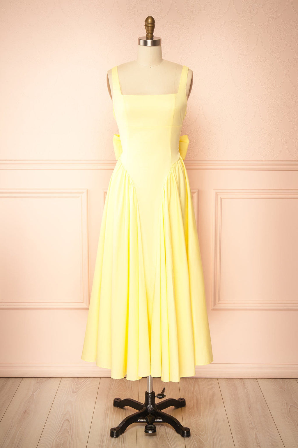 Mariah Yellow | A-Line Midi Dress with Ribbons at Back