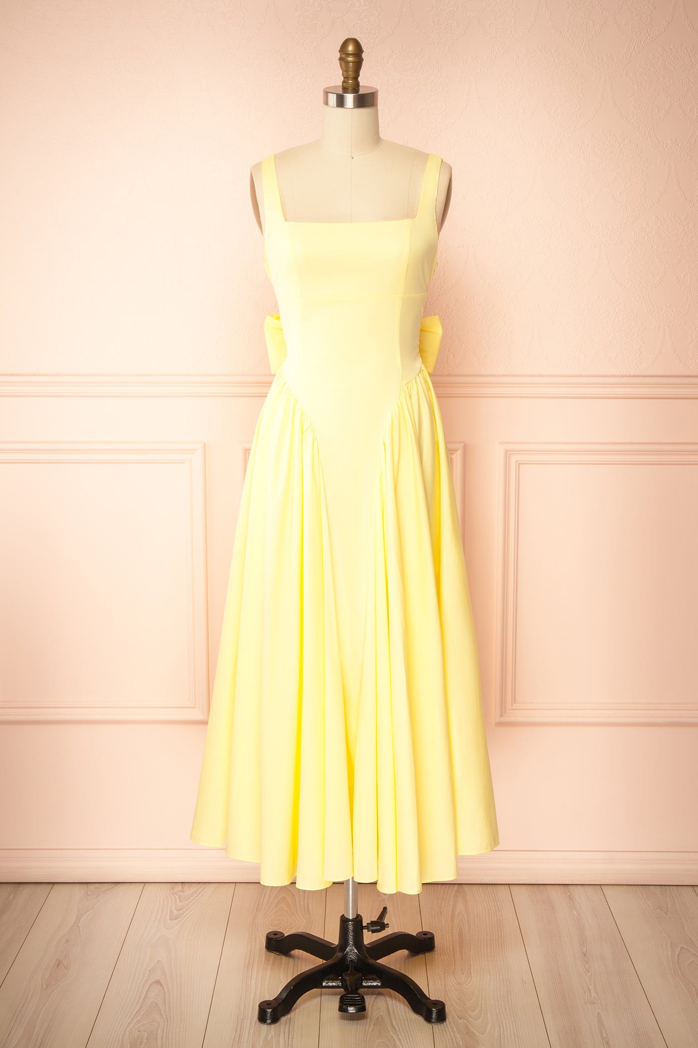 Mariah Yellow | A-Line Midi Dress with Ribbons at Back