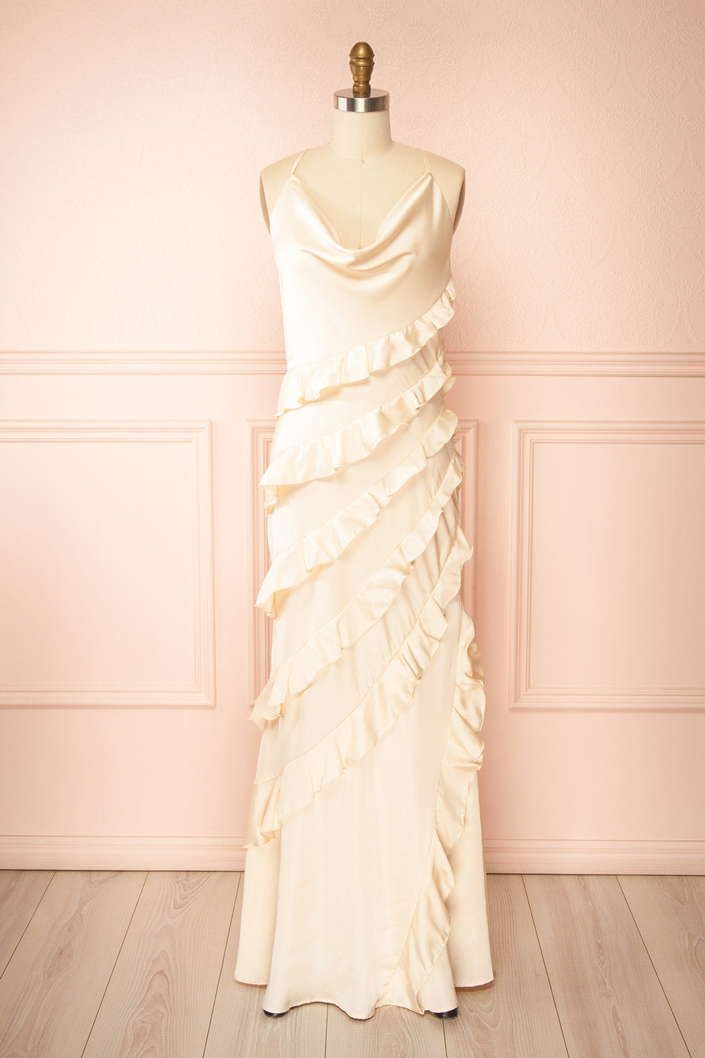 Marieme | Beige Satin Dress with Ruffles