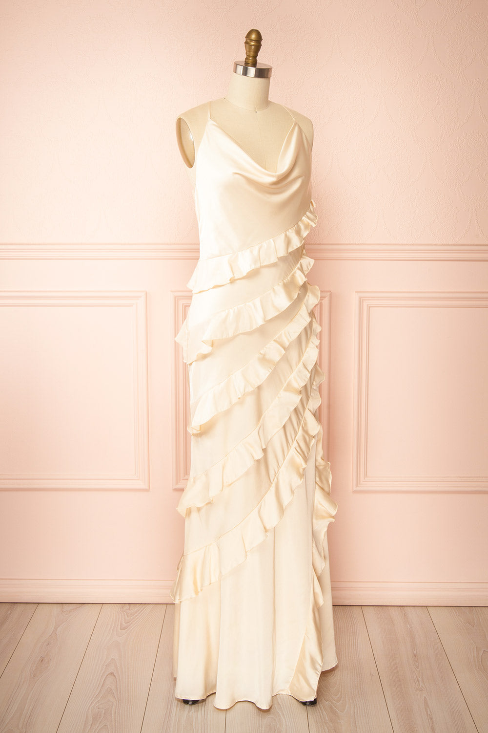 Marieme | Beige Satin Dress with Ruffles