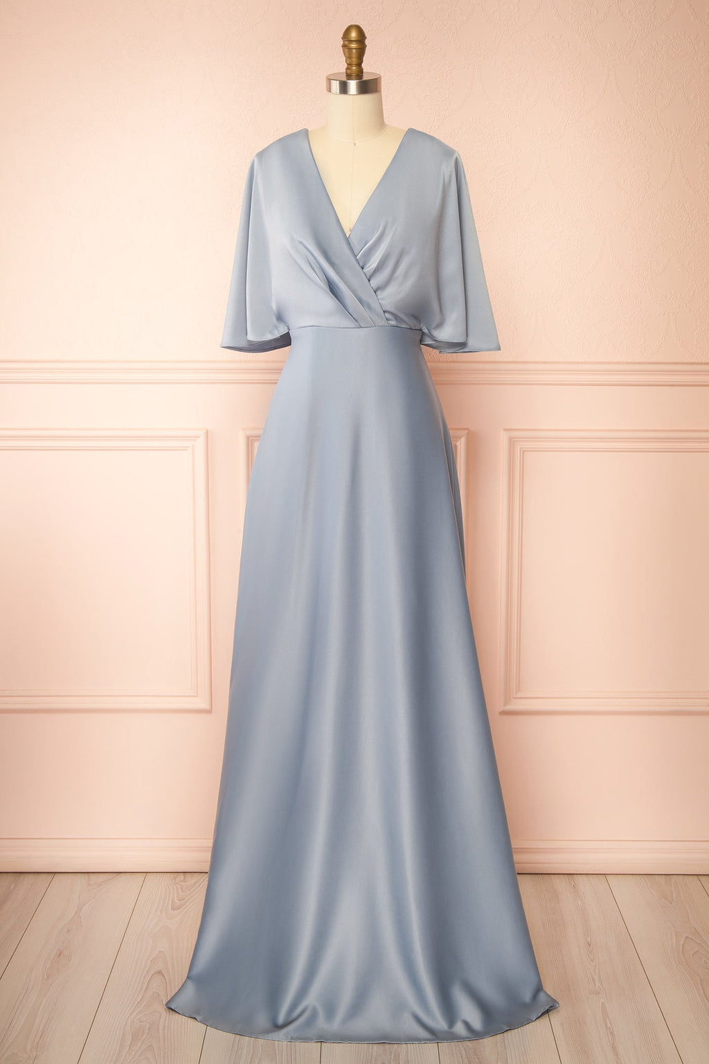 Marinella | Blue Satin Maxi Dress with Bell Sleeves