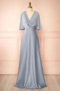 Marinella | Blue Satin Maxi Dress with Bell Sleeves