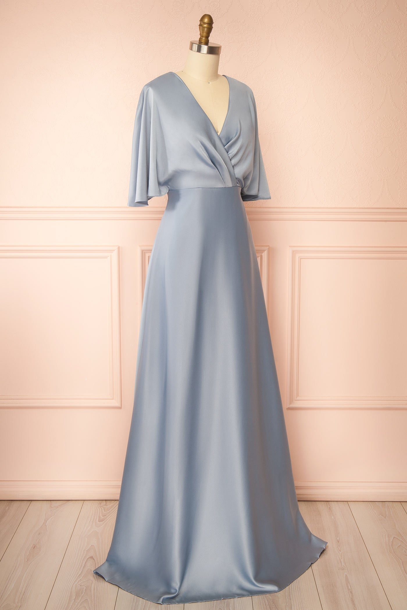 Marinella | Blue Satin Maxi Dress with Bell Sleeves