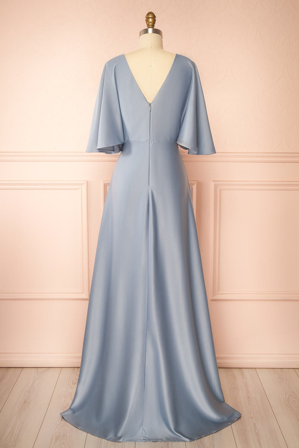 Marinella | Blue Satin Maxi Dress with Bell Sleeves