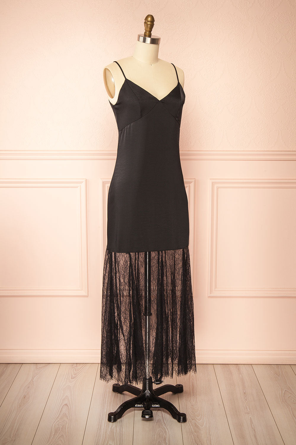 Marlie | Black Satin Midi Dress with Lace