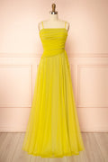 Micah Chartreuse | Tulle Maxi Dress with Ruched Bodice and Side Cutouts