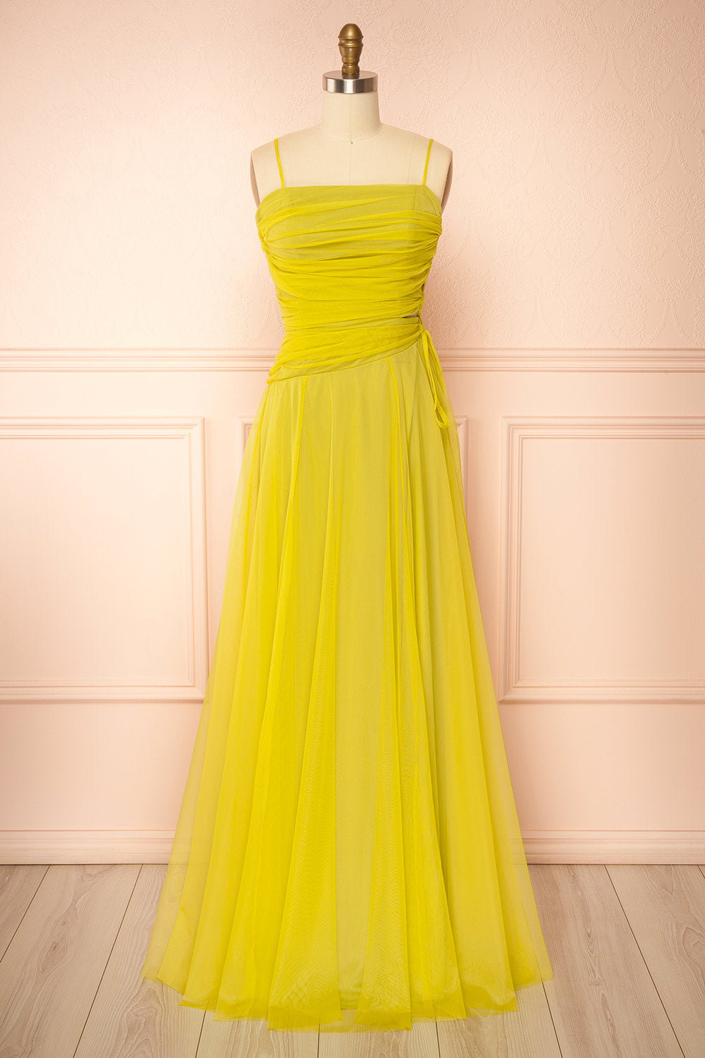 Micah Chartreuse | Tulle Maxi Dress with Ruched Bodice and Side Cutouts