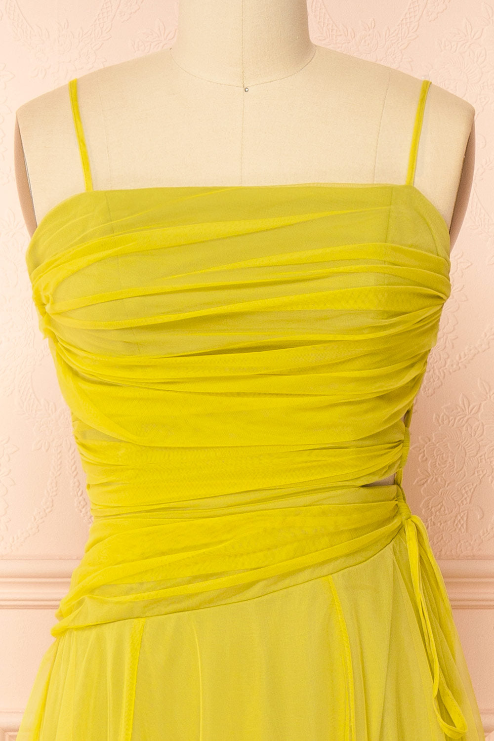 Micah Chartreuse | Tulle Maxi Dress with Ruched Bodice and Side Cutouts