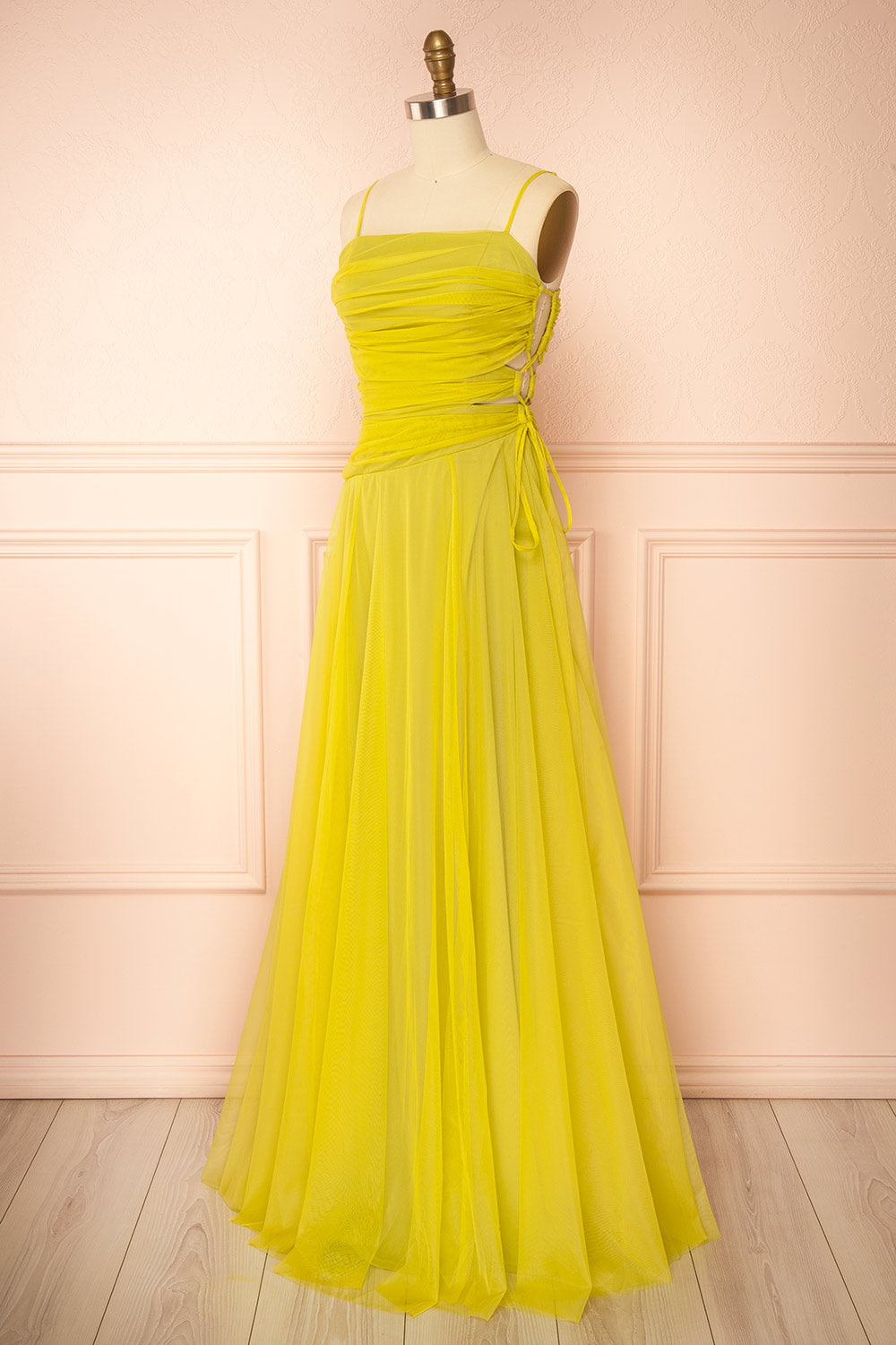 Micah Chartreuse | Tulle Maxi Dress with Ruched Bodice and Side Cutouts