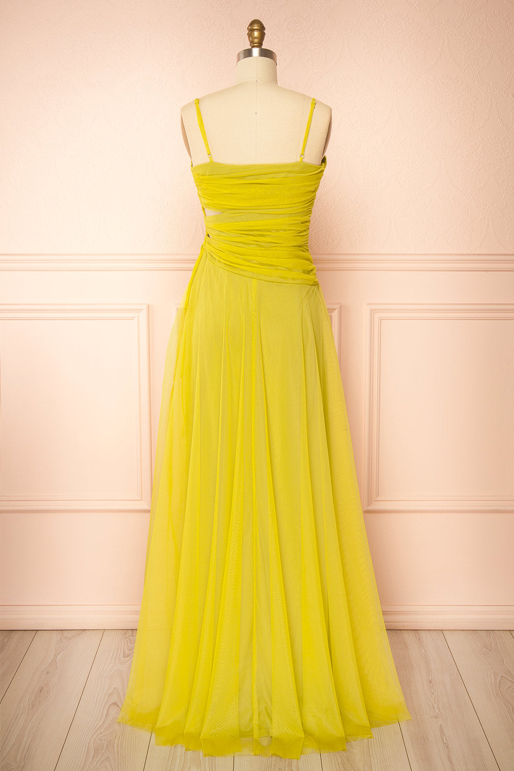 Micah Chartreuse | Tulle Maxi Dress with Ruched Bodice and Side Cutouts