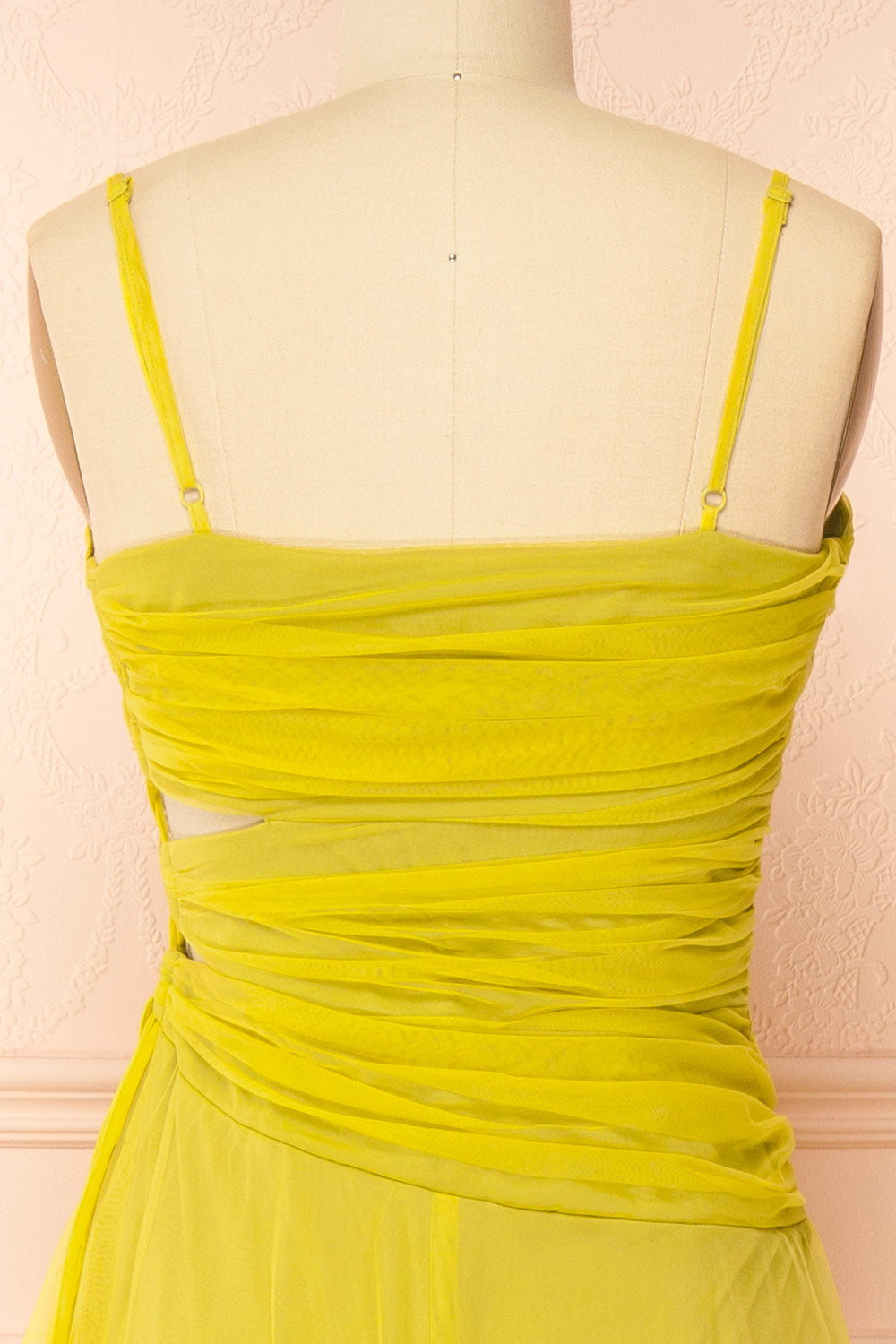 Micah Chartreuse | Tulle Maxi Dress with Ruched Bodice and Side Cutouts