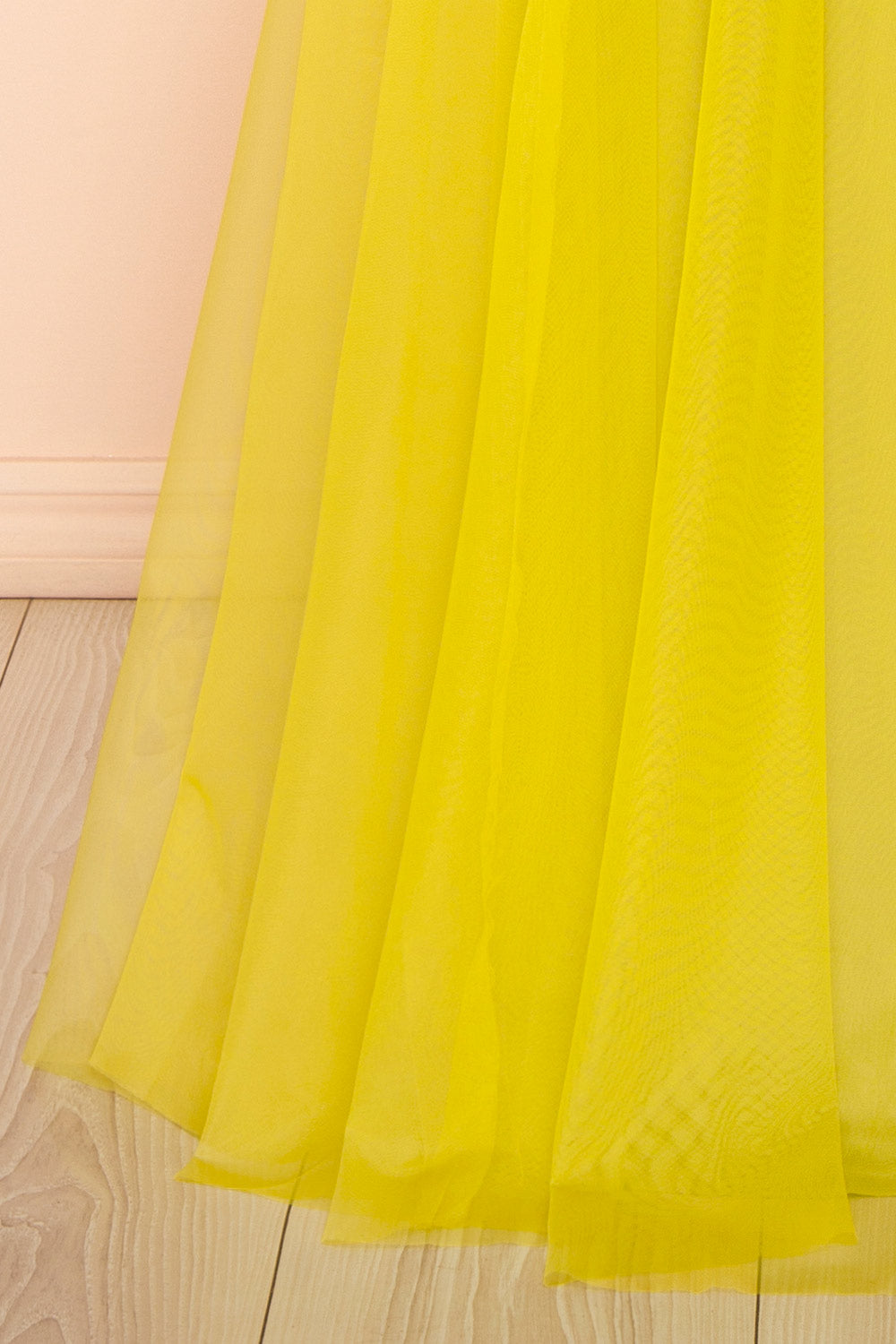 Micah Chartreuse | Tulle Maxi Dress with Ruched Bodice and Side Cutouts