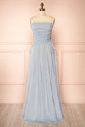 Micah Light Blue | Tulle Maxi Dress with Ruched Bodice and Side Cutouts