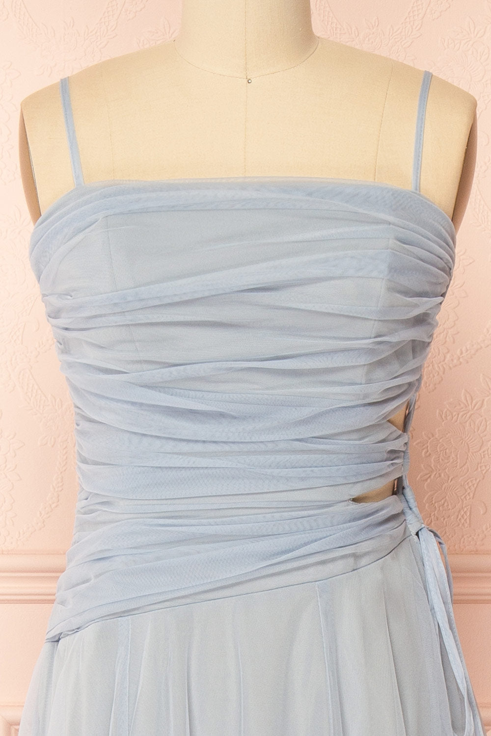 Micah Light Blue | Tulle Maxi Dress with Ruched Bodice and Side Cutouts