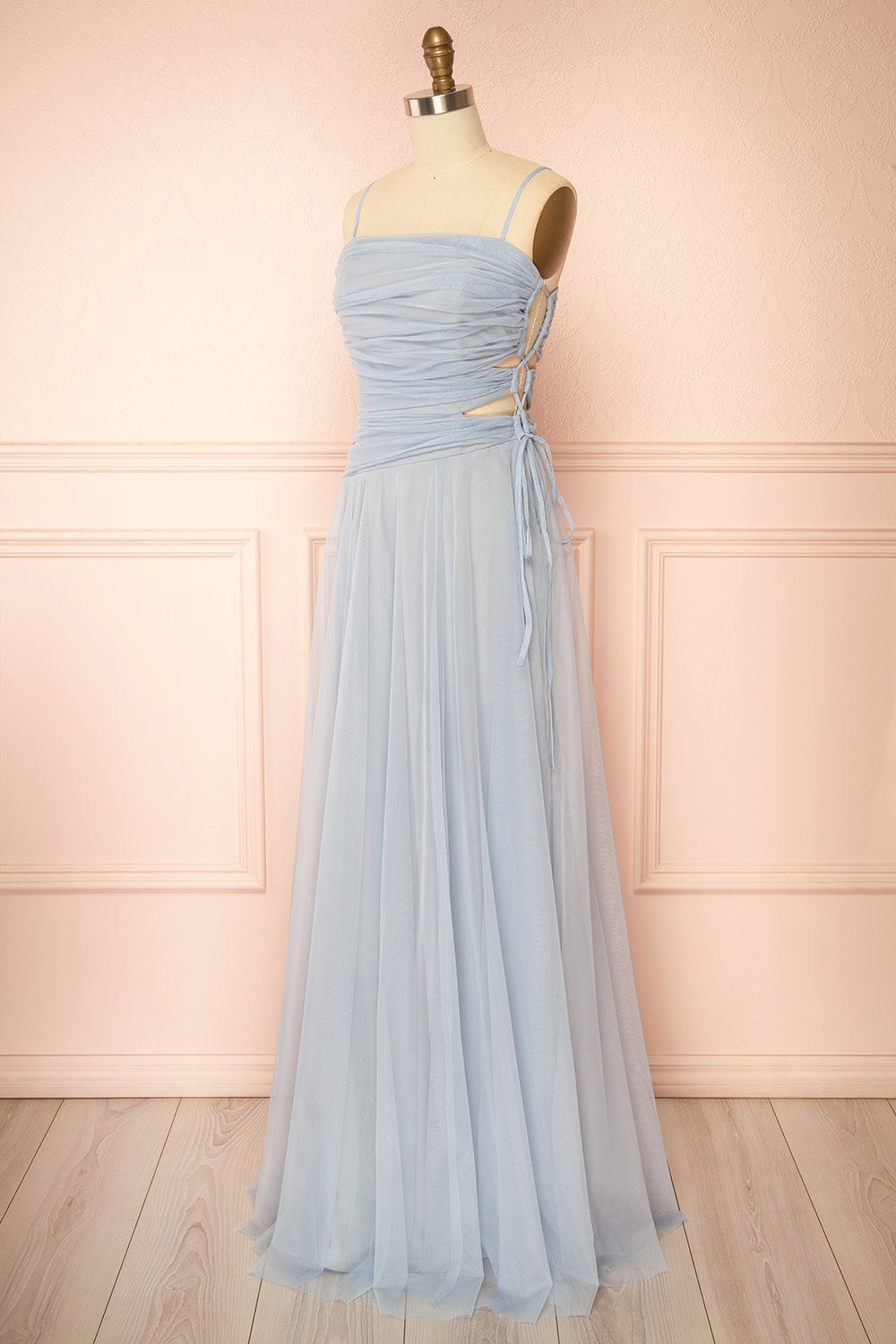 Micah Light Blue | Tulle Maxi Dress with Ruched Bodice and Side Cutouts