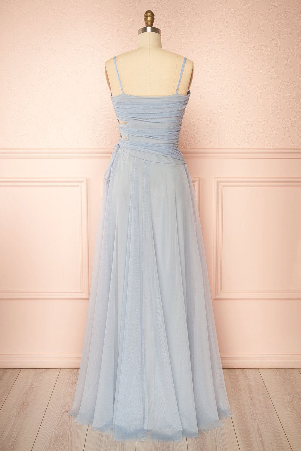 Micah Light Blue | Tulle Maxi Dress with Ruched Bodice and Side Cutouts