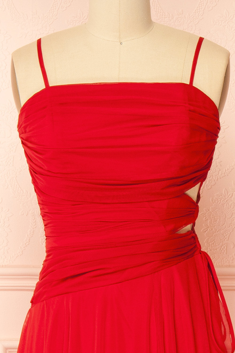 Micah Red | Tulle Maxi Dress with Ruched Bodice and Side Cutouts