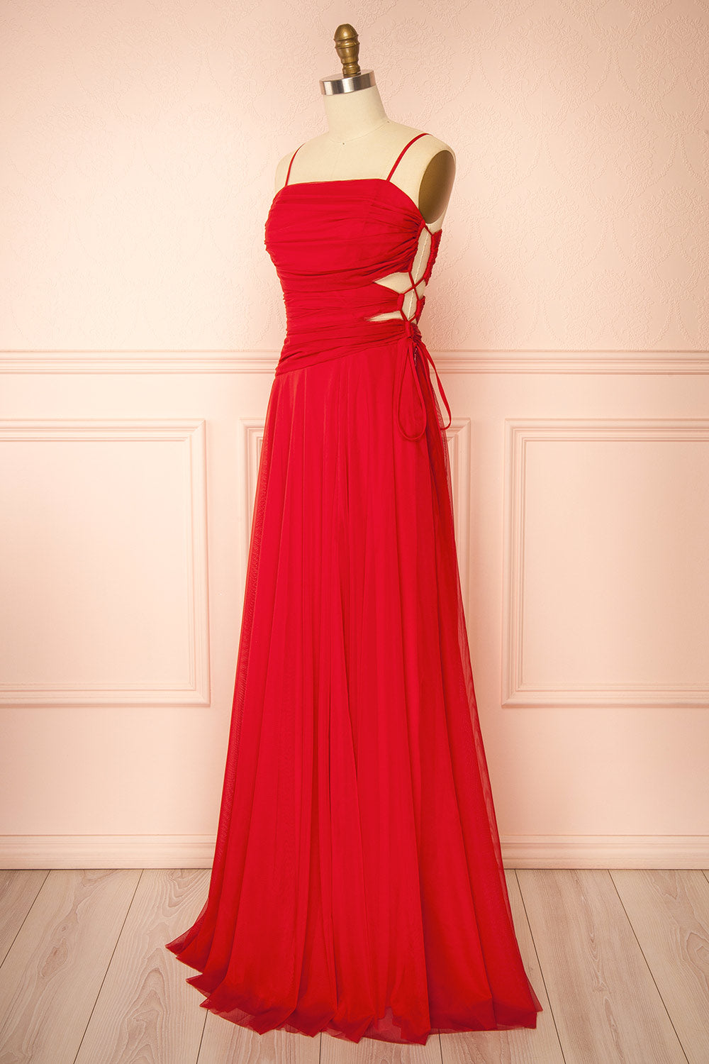 Micah Red | Tulle Maxi Dress with Ruched Bodice and Side Cutouts