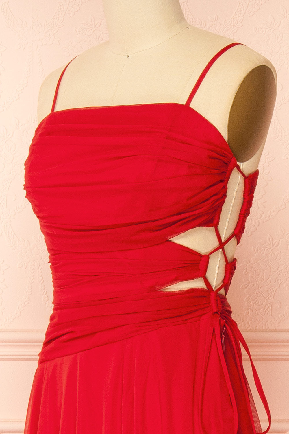 Micah Red | Tulle Maxi Dress with Ruched Bodice and Side Cutouts