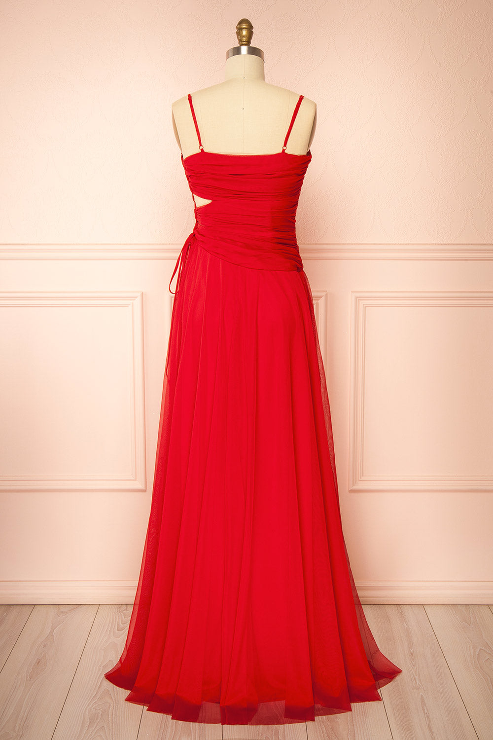 Micah Red | Tulle Maxi Dress with Ruched Bodice and Side Cutouts