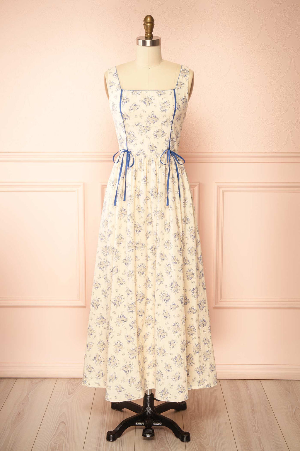 Mitsar Blue | Long Floral Dress with Bow Ties