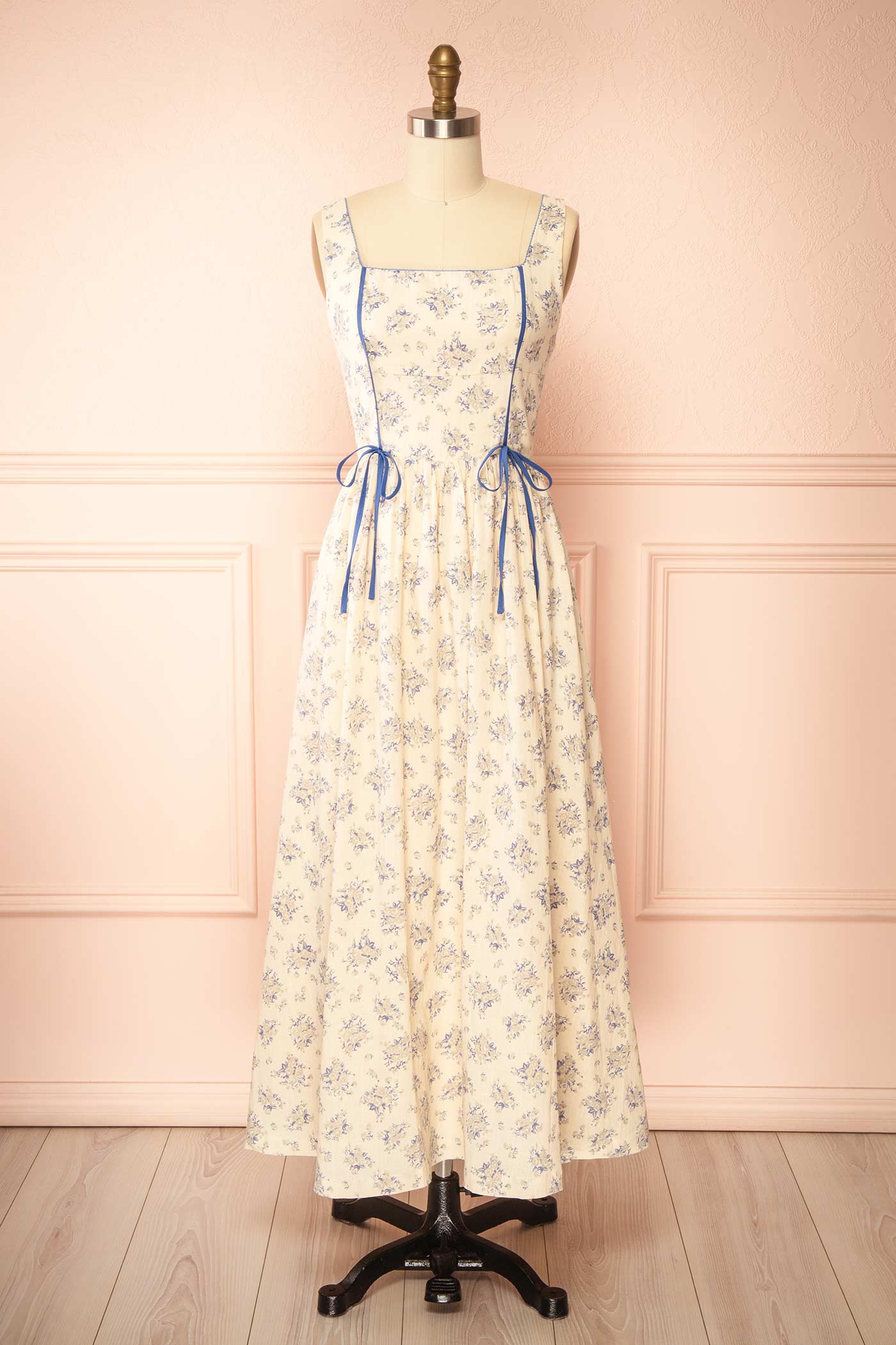 Mitsar Blue | Long Floral Dress with Bow Ties