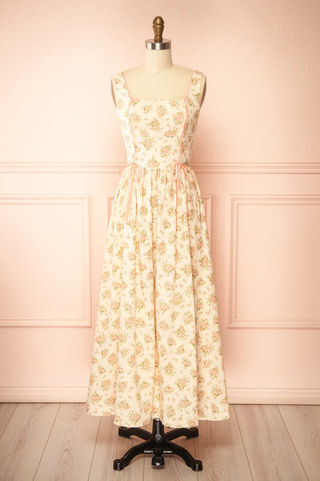 Mitsar Pink | Long Floral Dress with Bow Ties