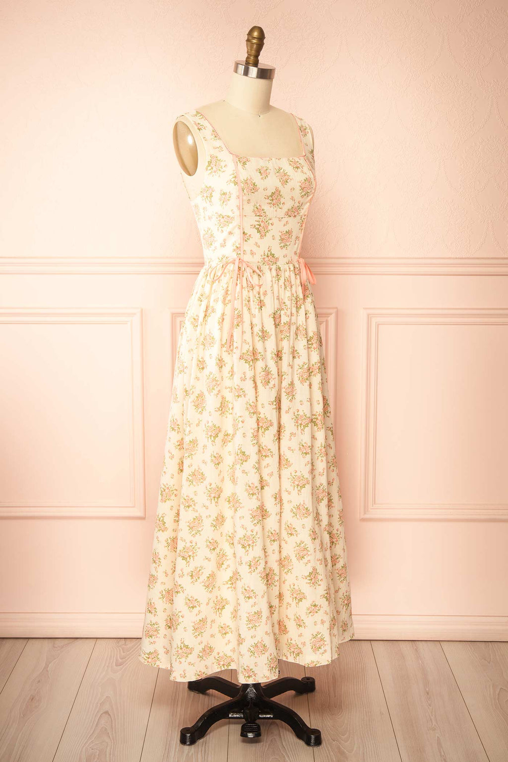 Mitsar Pink | Long Floral Dress with Bow Ties