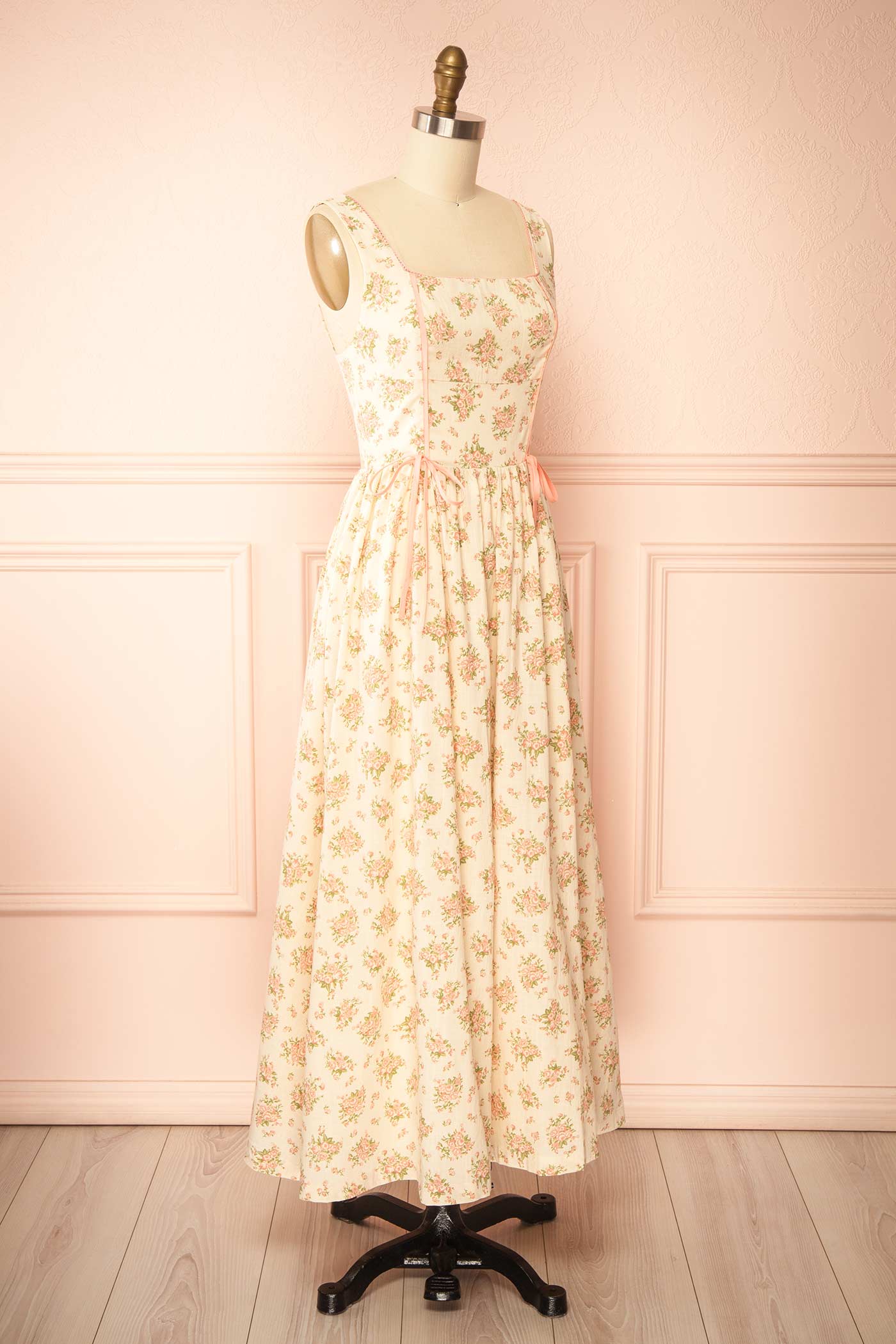Mitsar Pink | Long Floral Dress with Bow Ties