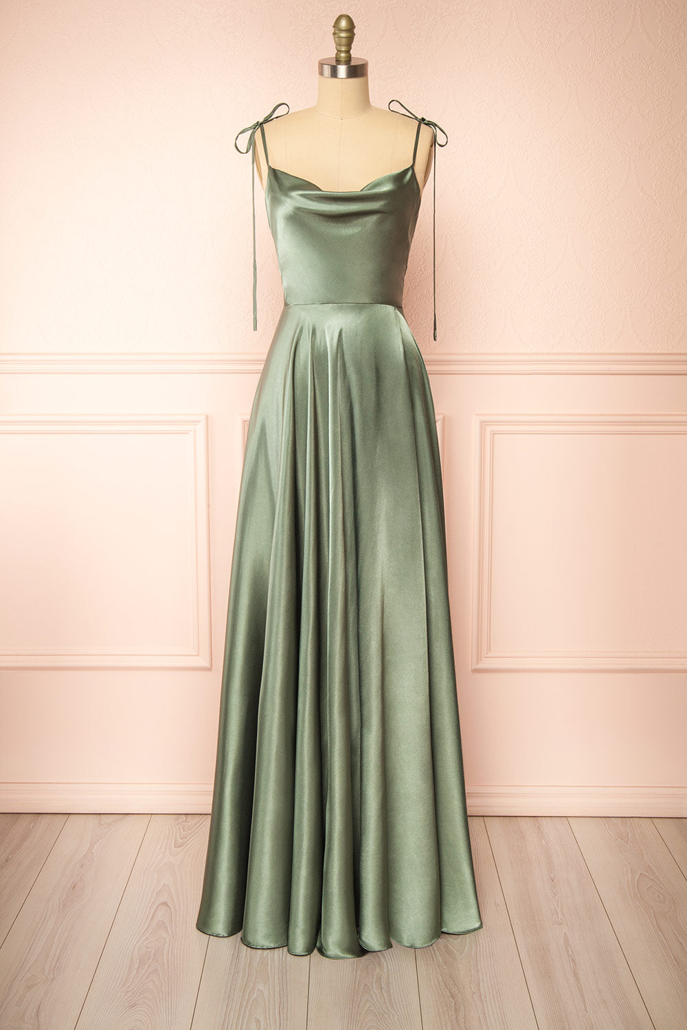Moira Khaki | Cowl Neck Satin Maxi Dress with High Slit