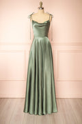Moira Khaki | Cowl Neck Satin Maxi Dress with High Slit