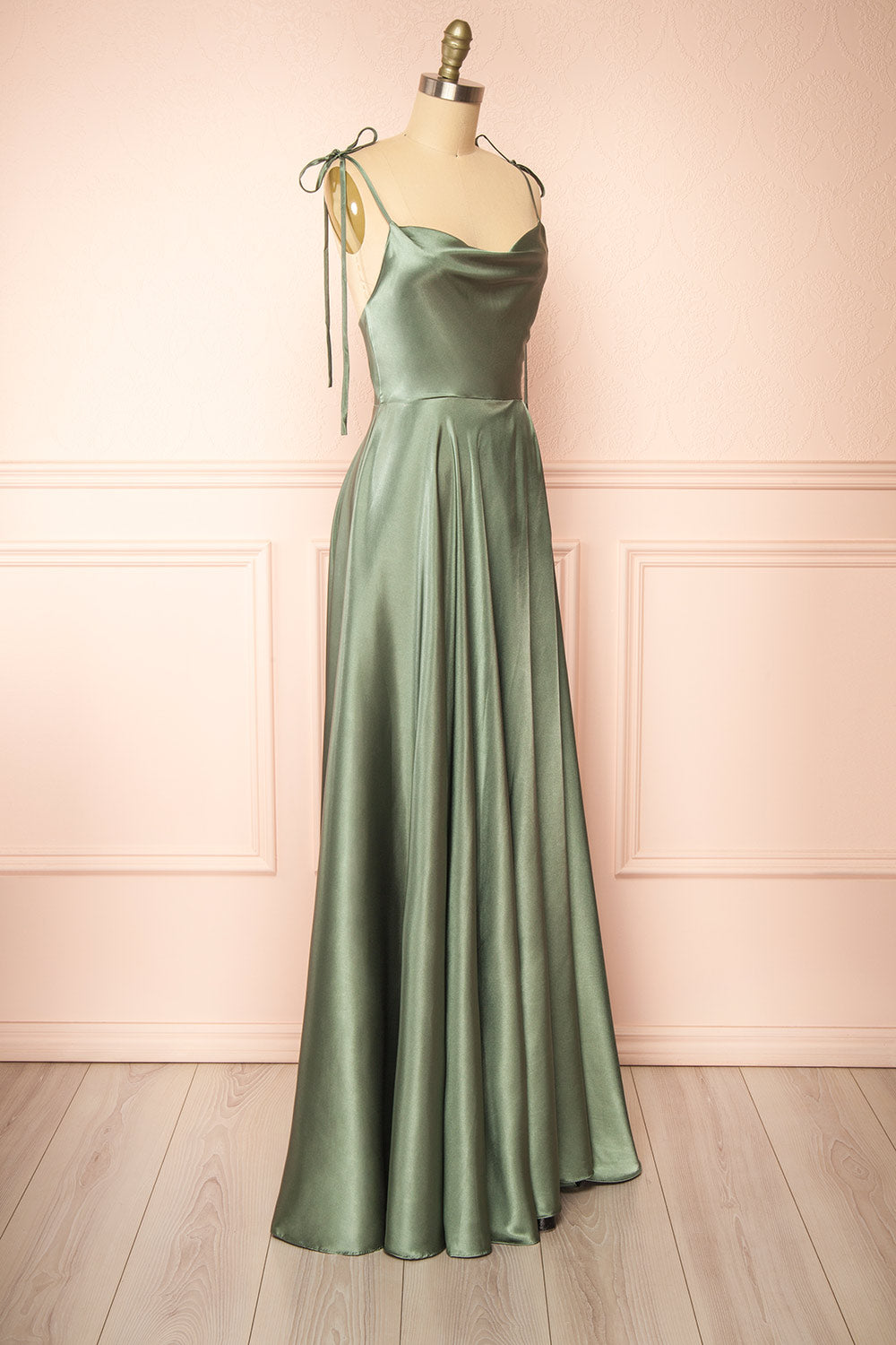 Moira Khaki | Cowl Neck Satin Maxi Dress with High Slit