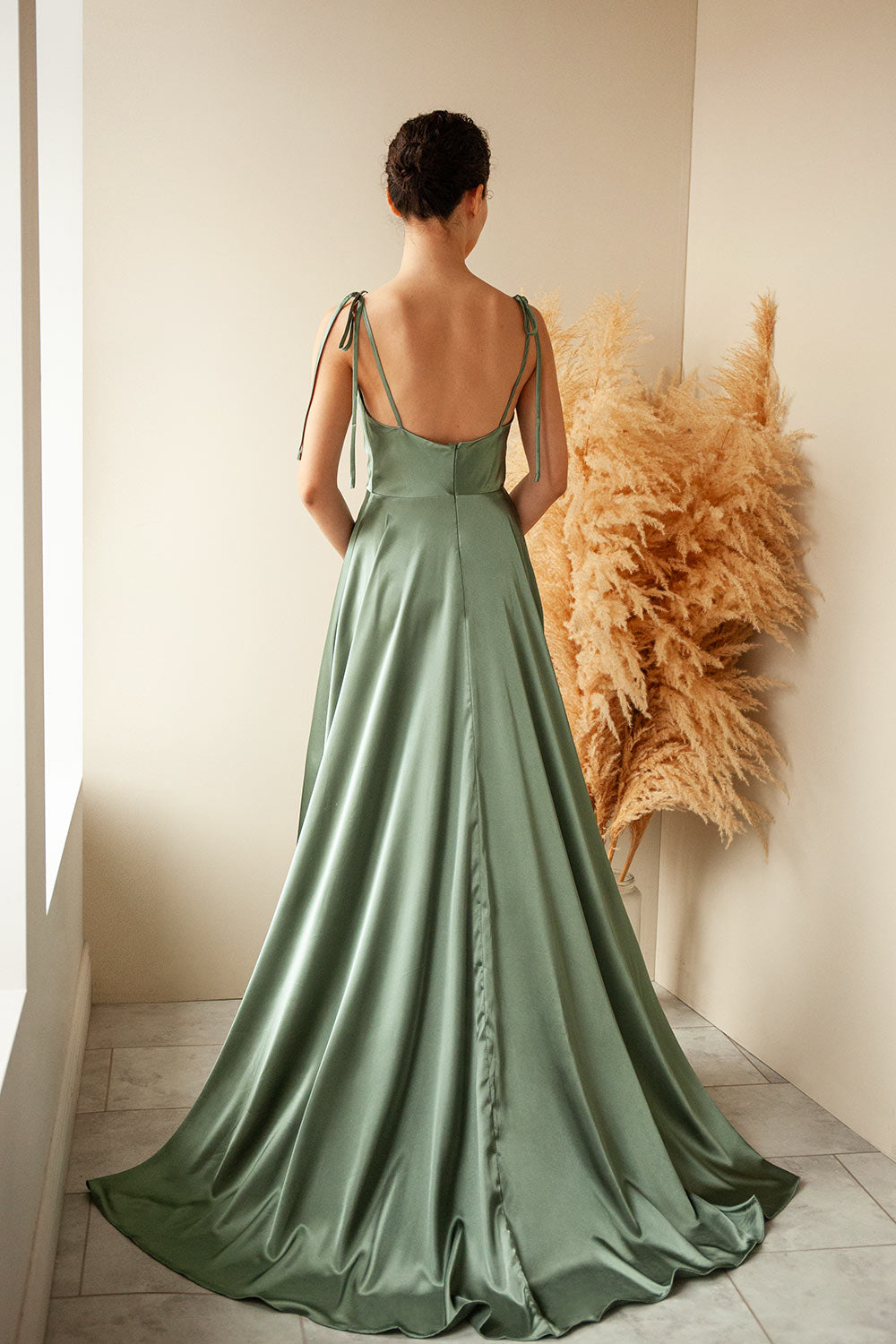 Moira Khaki | Cowl Neck Satin Maxi Dress with High Slit