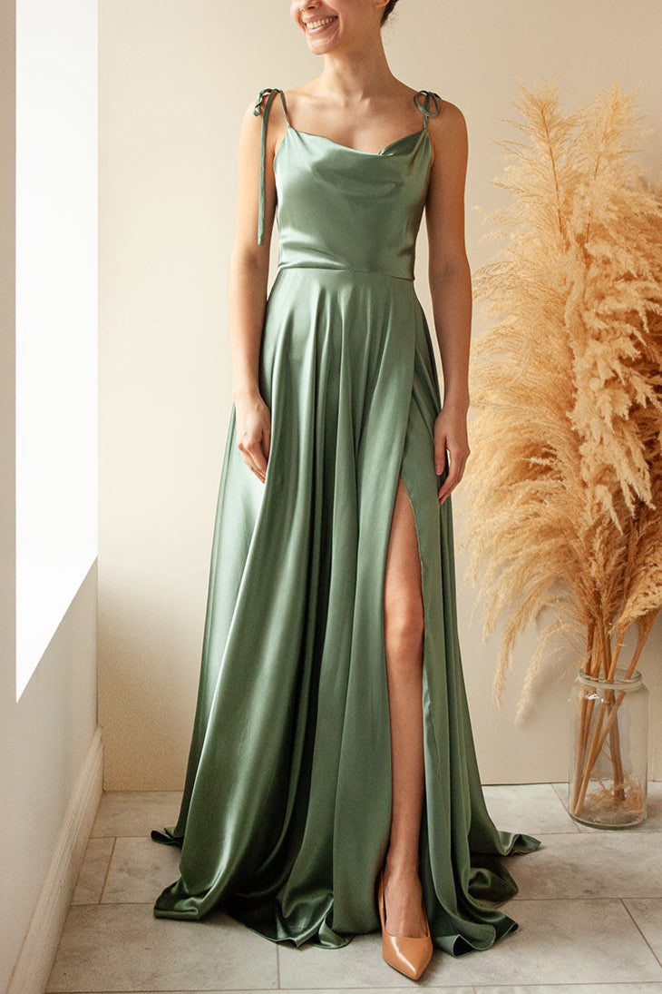 Moira Khaki | Cowl Neck Satin Maxi Dress with High Slit