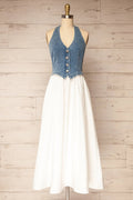 Murphy | Denim Halter Mixed-Media Midi Dress with Pockets