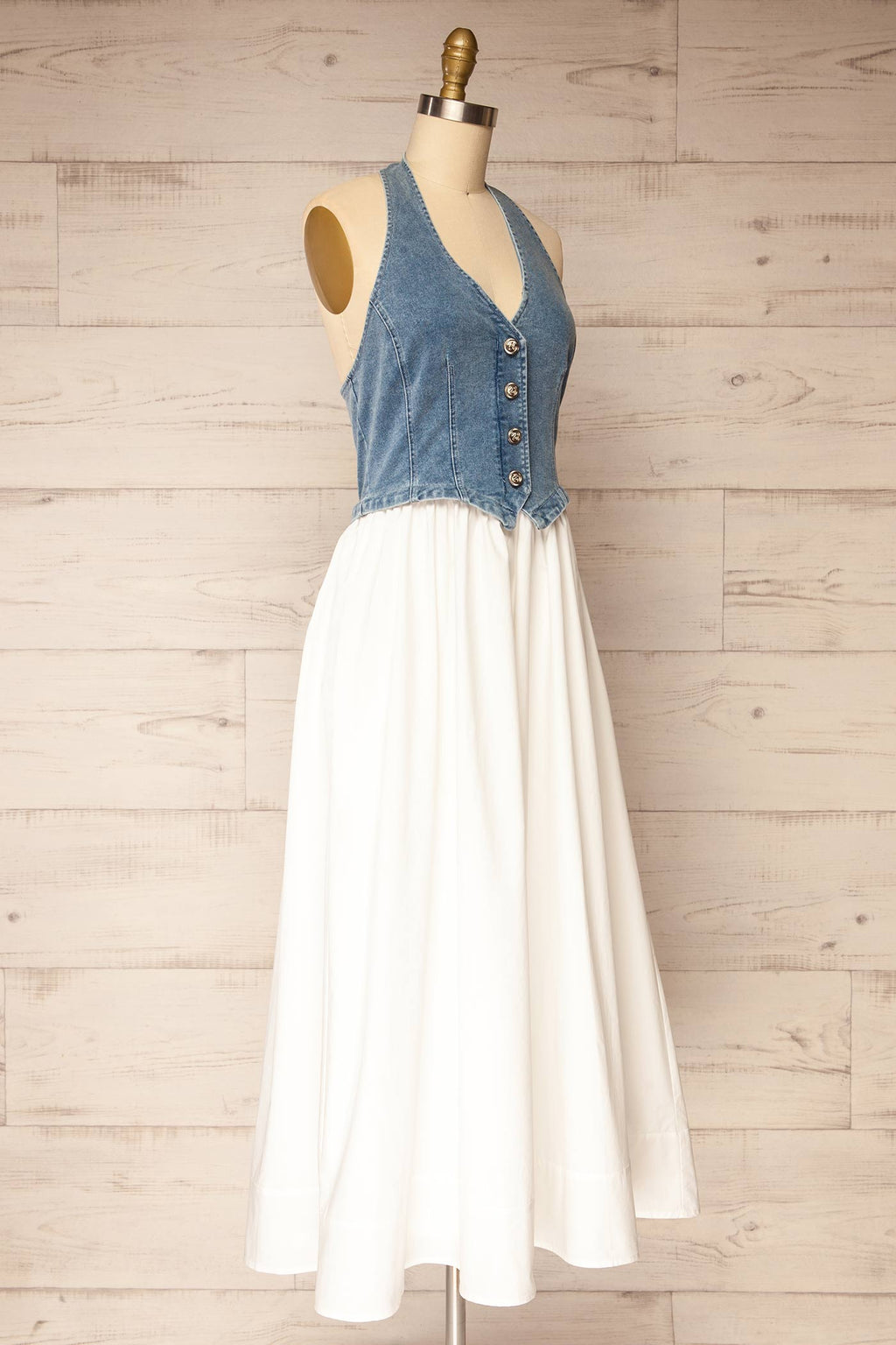 Murphy | Denim Halter Mixed-Media Midi Dress with Pockets
