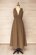 Murwara | Poplin Brown Midi Dress with Zip Detail and Pockets